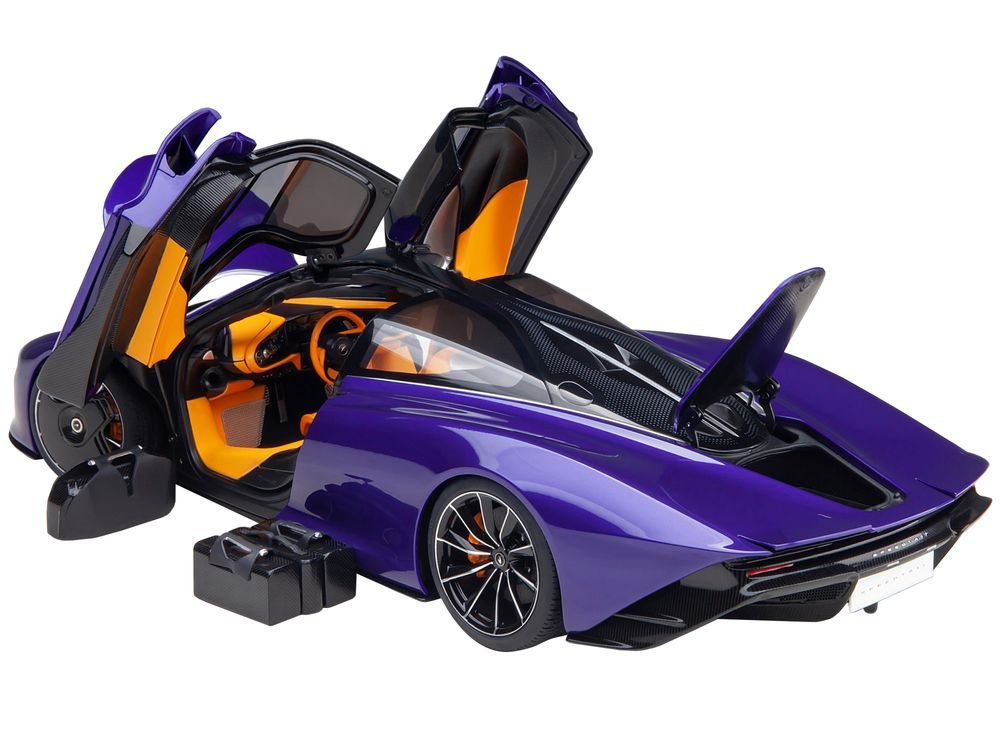 McLaren Speedtail Lantana Purple Metallic with Black Top and Yellow Interior and Suitcase Accessories  1/18 Model Car by Autoart view 2