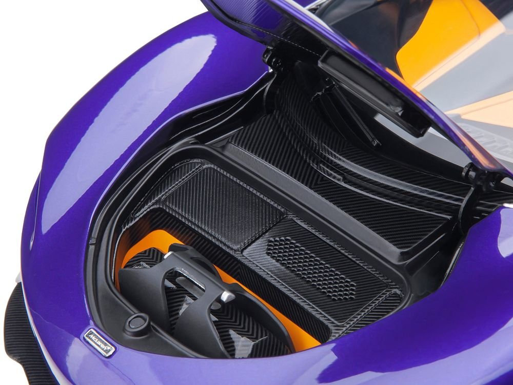 McLaren Speedtail Lantana Purple Metallic with Black Top and Yellow Interior and Suitcase Accessories  1/18 Model Car by Autoart view 3