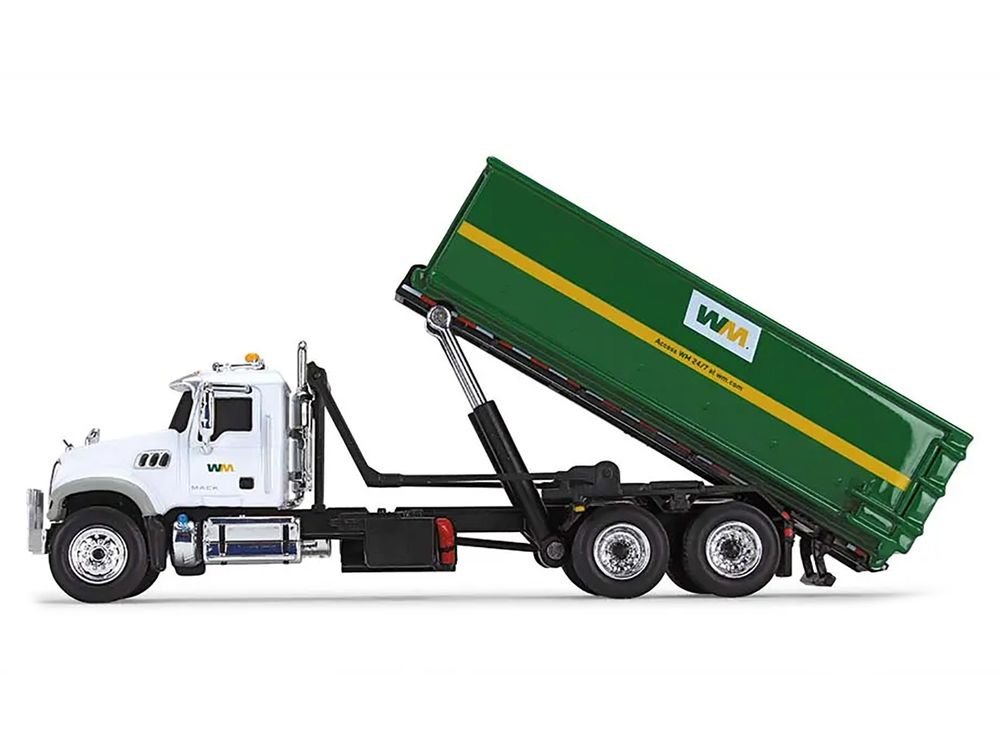 Mack Granite MP Refuse Garbage Truck with Tub-Style Roll-Off Container "Waste Management" White and Green 1/87 (HO) Diecast Model by First Gear view 2