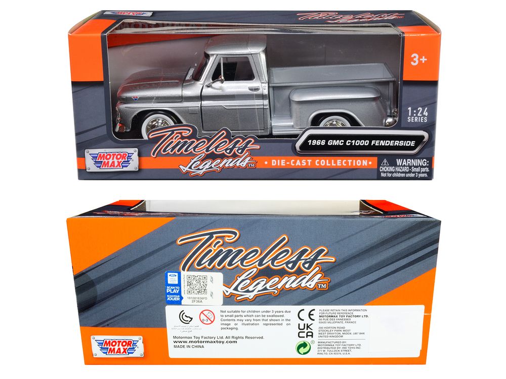 1966 GMC C1000 Fenderside Pickup Truck Silver Metallic "Timeless Legends" Series 1/24 Diecast Model Car by Motormax view 3
