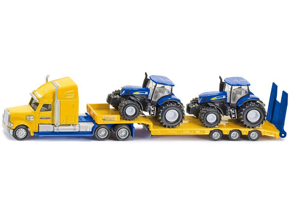 Tractor Truck Yellow with 2 New Holland T7070 Tractors Blue 1/87 (HO) Diecast Models by Siku view 2