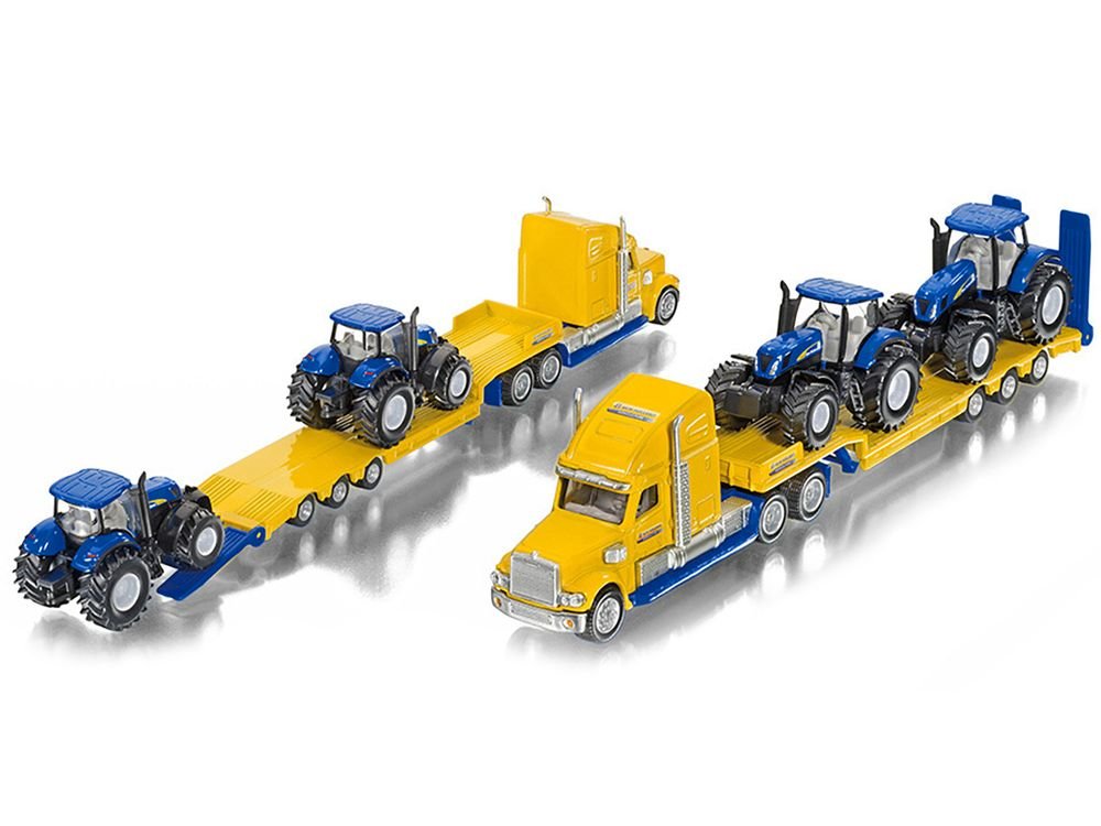 Tractor Truck Yellow with 2 New Holland T7070 Tractors Blue 1/87 (HO) Diecast Models by Siku view 3
