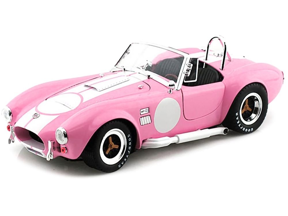 1965 Shelby Cobra 427 S/C Pink with White Stripes with Printed Carroll Shelby Signature's on the Trunk 1/18 Diecast Model Car by Shelby Collectibles view 2