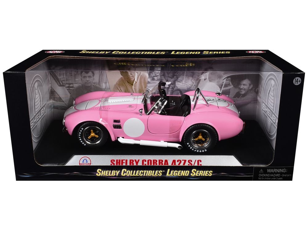 1965 Shelby Cobra 427 S/C Pink with White Stripes with Printed Carroll Shelby Signature's on the Trunk 1/18 Diecast Model Car by Shelby Collectibles view 3