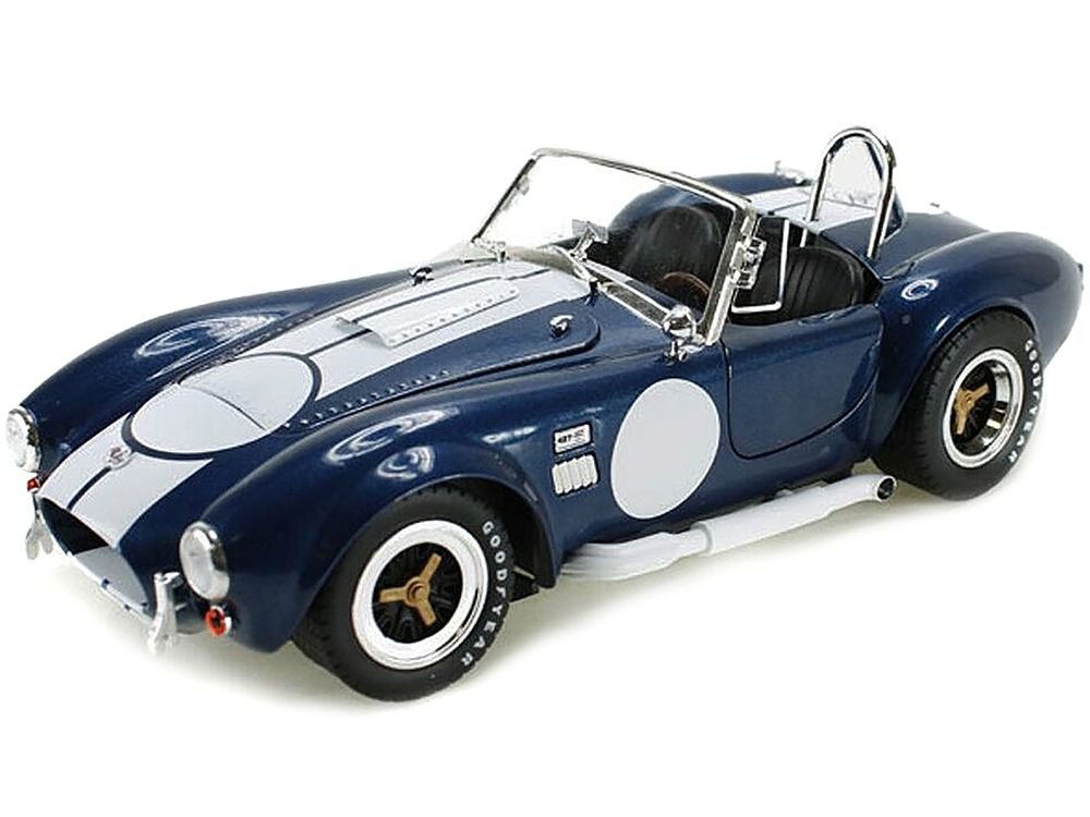1965 Shelby Cobra 427 S/C Dark Blue Metallic with White Stripes with Printed Carroll Shelby's Signature on the Trunk 1/18 Diecast Model Car by Shelby Collectibles view 2