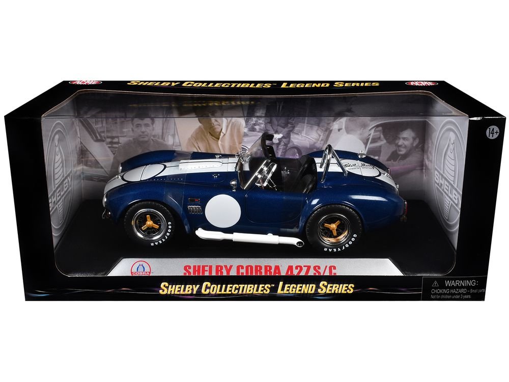 1965 Shelby Cobra 427 S/C Dark Blue Metallic with White Stripes with Printed Carroll Shelby's Signature on the Trunk 1/18 Diecast Model Car by Shelby Collectibles view 3
