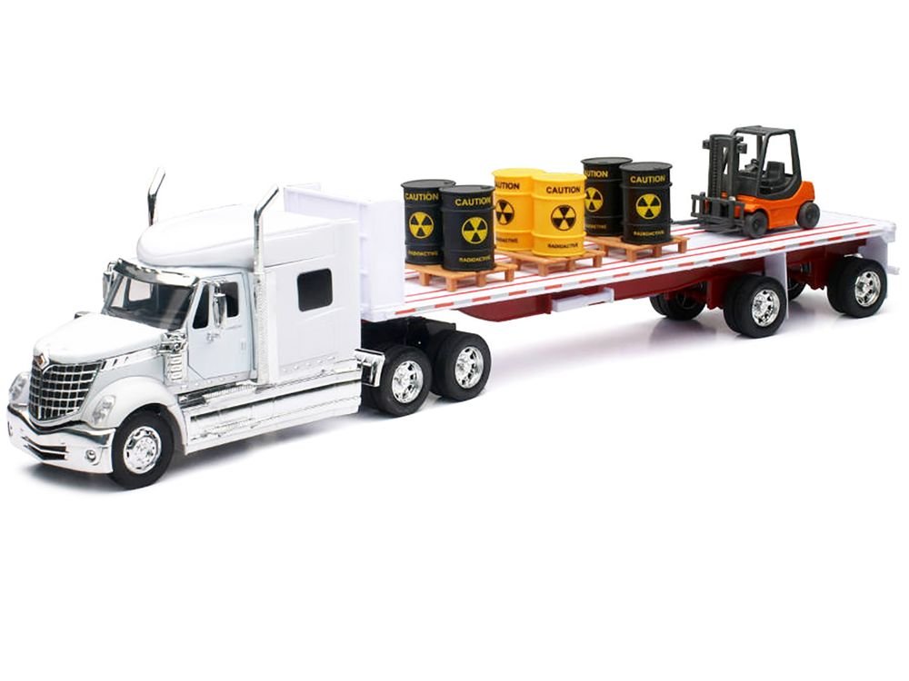 International Lonestar Flatbed Truck White with 6 Toxic Barrels 3 Pallets and Forklift "Long Haul Trucker" Series 1/32 Diecast Model by New Ray view 2