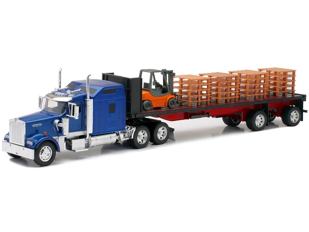Kenworth W900 Truck with Flatbed Trailer Blue with Forklift and Pallets "Long Haul Truckers" Series 1/32 Diecast Model by New Ray view 2