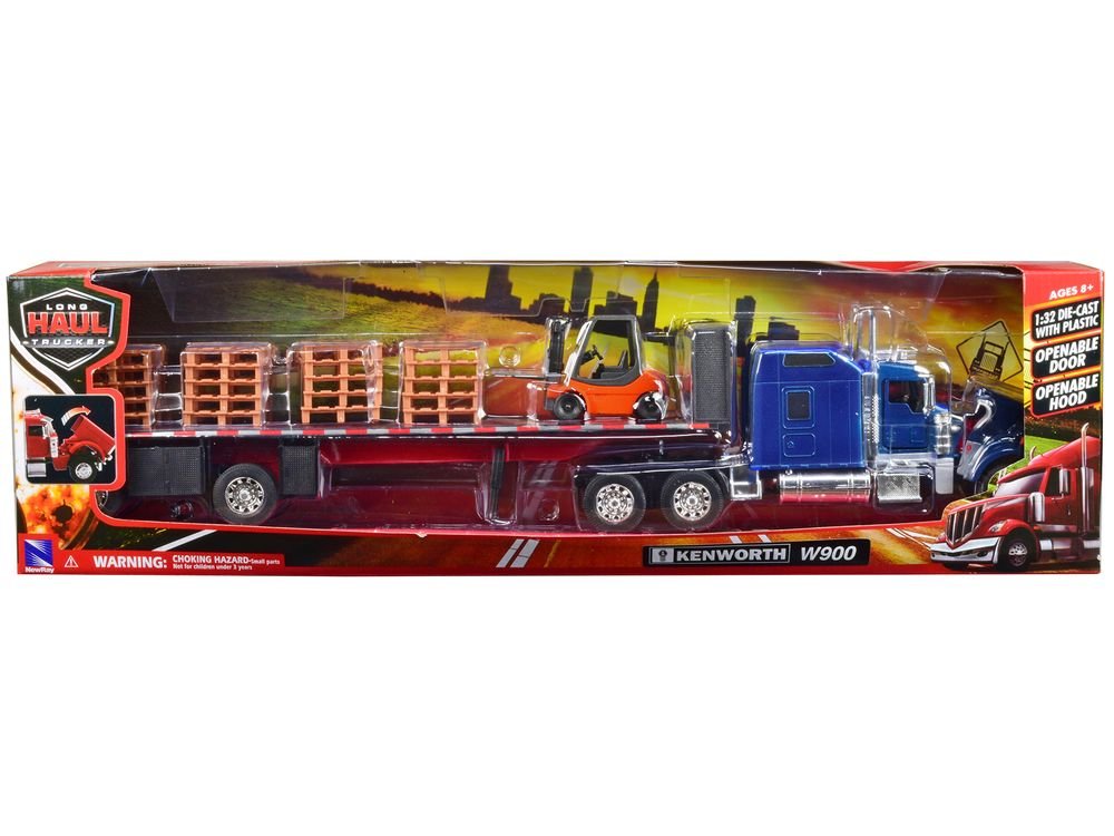 Kenworth W900 Truck with Flatbed Trailer Blue with Forklift and Pallets "Long Haul Truckers" Series 1/32 Diecast Model by New Ray view 3