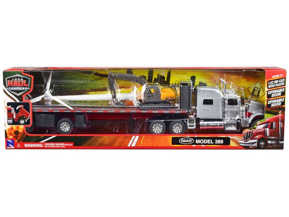 Peterbilt 389 Truck with Flatbed Trailer Silver Metallic with Excavator and Wind Turbine "Long Haul Truckers" Series 1/32 Diecast Model by New Ray view 3