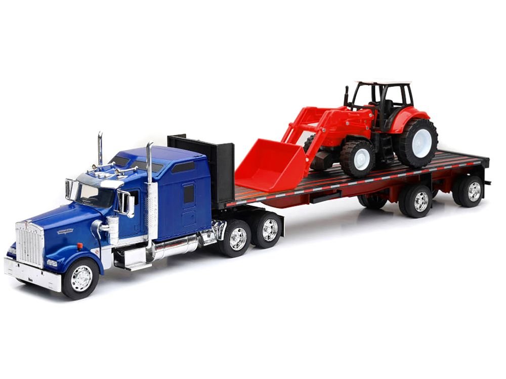 Kenworth W900 Truck with Flatbed Trailer Blue Metallic with Farm Tractor Red "Long Haul Truckers" Series 1/32 Diecast Model by New Ray view 2