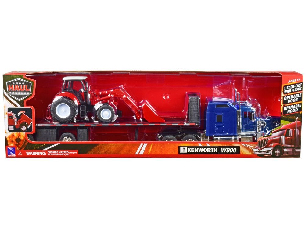 Kenworth W900 Truck with Flatbed Trailer Blue Metallic with Farm Tractor Red "Long Haul Truckers" Series 1/32 Diecast Model by New Ray view 3