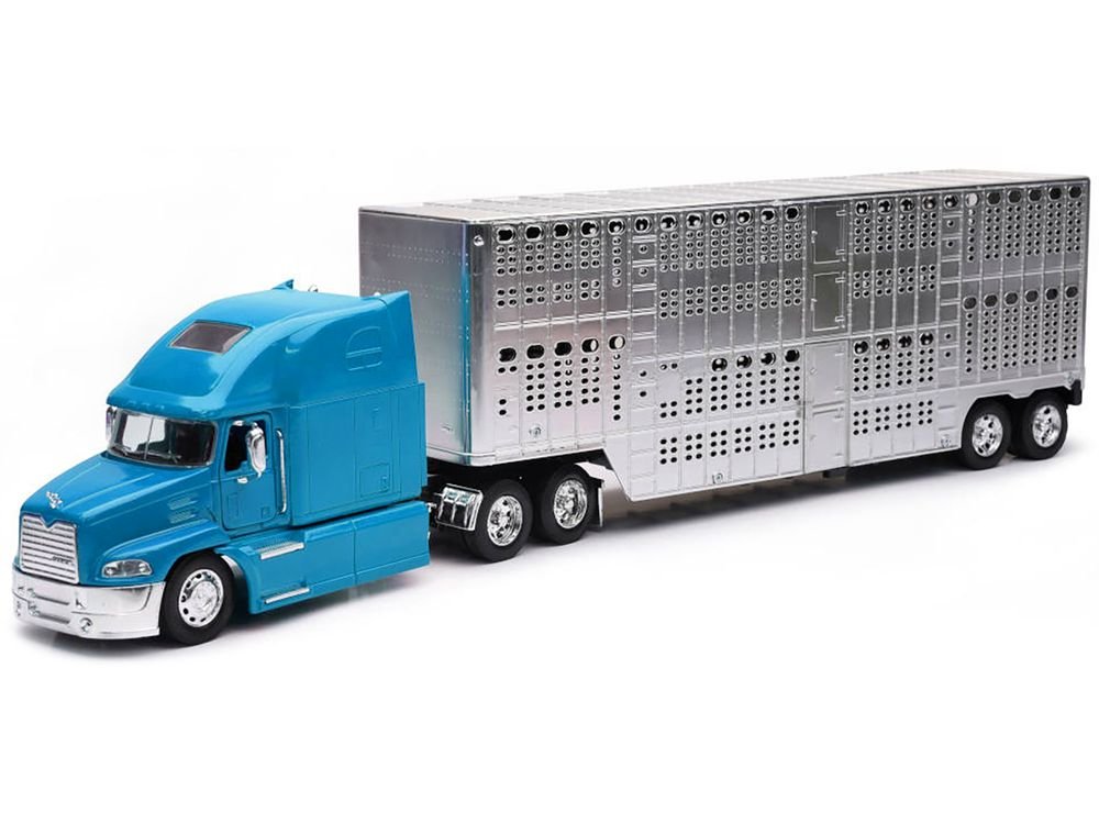 Mack Pinnacle Truck with Pot Belly Livestock Trailer Blue and Chrome "Long Haul Truckers" Series 1/32 Diecast Model by New Ray view 2