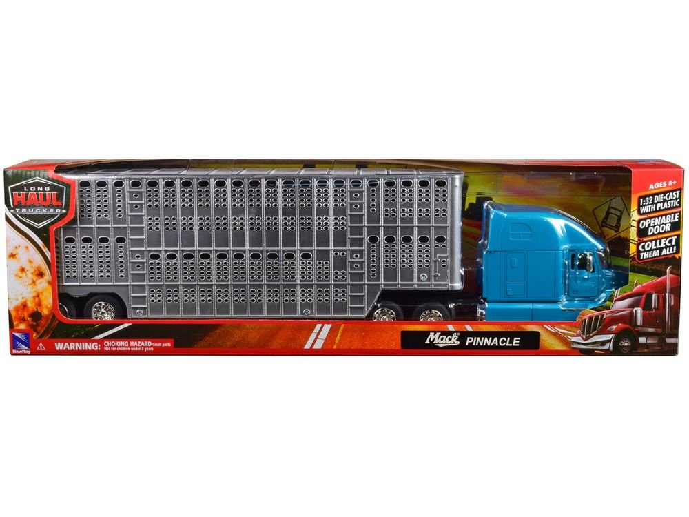 Mack Pinnacle Truck with Pot Belly Livestock Trailer Blue and Chrome "Long Haul Truckers" Series 1/32 Diecast Model by New Ray view 3