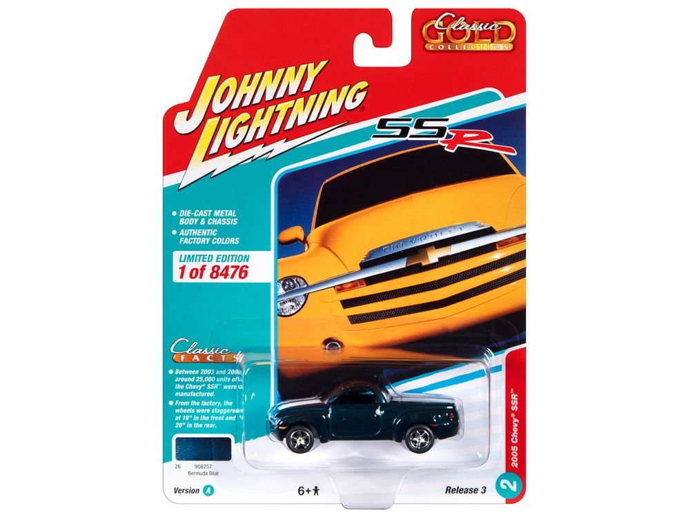 2005 Chevrolet SSR Pickup Truck Bermuda Blue Metallic with White Stripes "Classic Gold Collection" Series Limited Edition to 8476 pieces Worldwide 1/64 Diecast Model Car by Johnny Lightning view 3