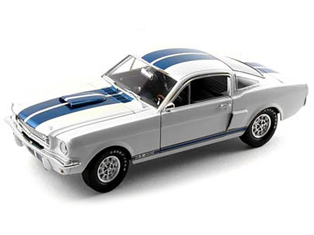 1966 Ford Mustang Shelby GT350 White with Blue Stripes 1/18 Diecast Model Car by Shelby Collectibles view 2