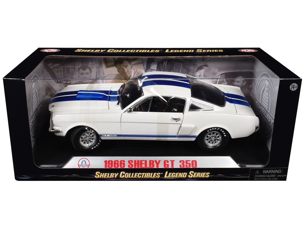 1966 Ford Mustang Shelby GT350 White with Blue Stripes 1/18 Diecast Model Car by Shelby Collectibles view 3