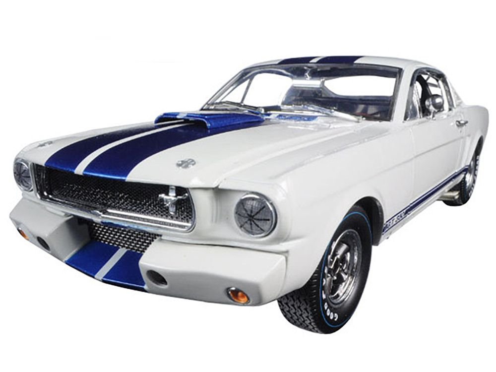 1965 Ford Mustang Shelby GT350R White with Blue Stripes and Printed Carroll Shelby's Signature on the Roof 1/18 Diecast Model Car by Shelby Collectibles view 2