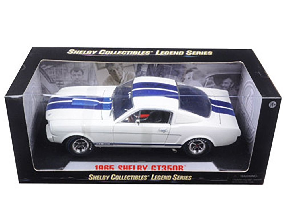 1965 Ford Mustang Shelby GT350R White with Blue Stripes and Printed Carroll Shelby's Signature on the Roof 1/18 Diecast Model Car by Shelby Collectibles view 3