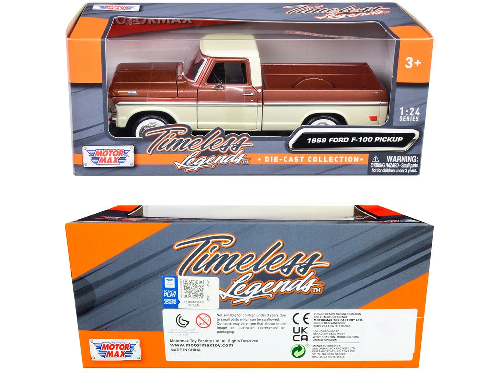 1969 Ford F-100 Pickup Truck Brown Metallic and Cream "Timeless Legends" 1/24 Diecast Model Car by Motormax view 3