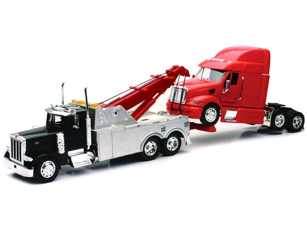 Peterbilt 379 Tow Truck Black with Peterbilt 387 Truck Tractor Red Set of 2 pieces 1/32 Diecast Model by New Ray view 2