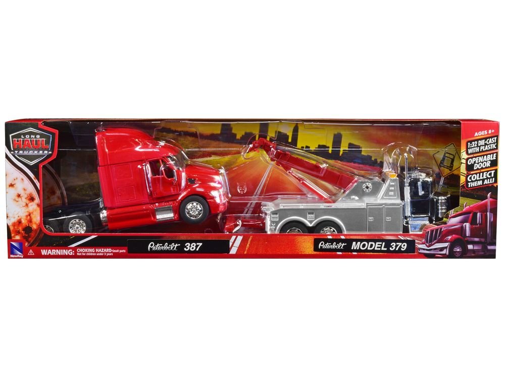 Peterbilt 379 Tow Truck Black with Peterbilt 387 Truck Tractor Red Set of 2 pieces 1/32 Diecast Model by New Ray view 3