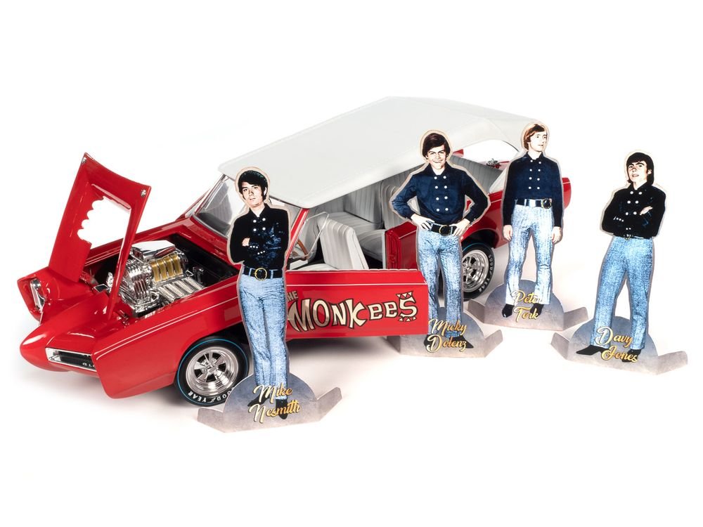Monkeemobile Red with White Top and Interior "The Monkees" with Four Monkees Figure Cutouts "Silver Screen Machines" Series 1/18 Diecast Model Car by Auto World view 3