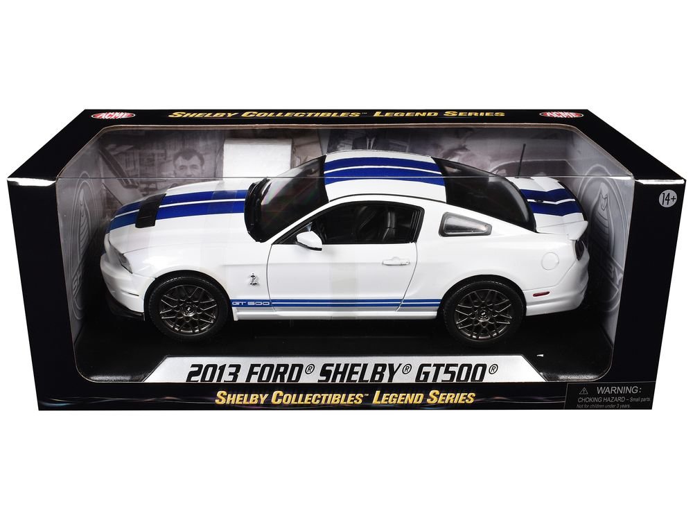2013 Ford Shelby Cobra GT500 SVT White with Blue Stripes 1/18 Diecast Car Model by Shelby Collectibles view 3