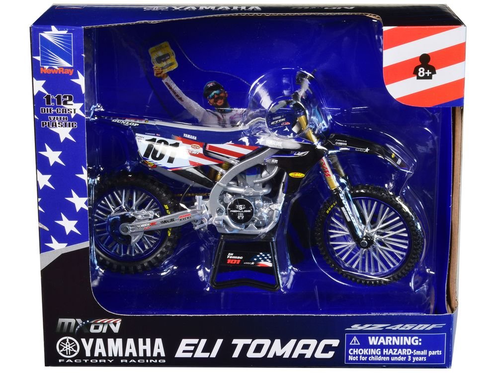 Yamaha YZ450F Dirt Bike Motorcycle #101 Eli Tomac American Flag Livery "Motocross of Nations" 1/12 Model by New Ray view 3