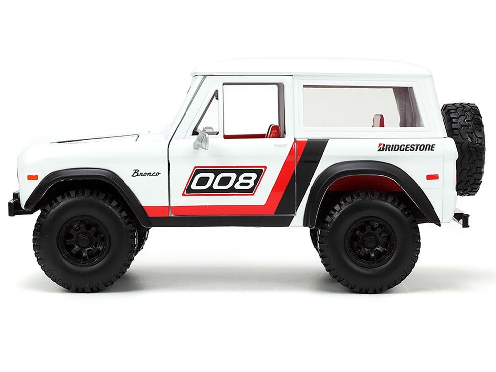 1973 Ford Bronco #008 White with Red and Black Stripes and Red Interior with Extra Wheels "Just Trucks" Series 1/24 Diecast Model Car by Jada view 3