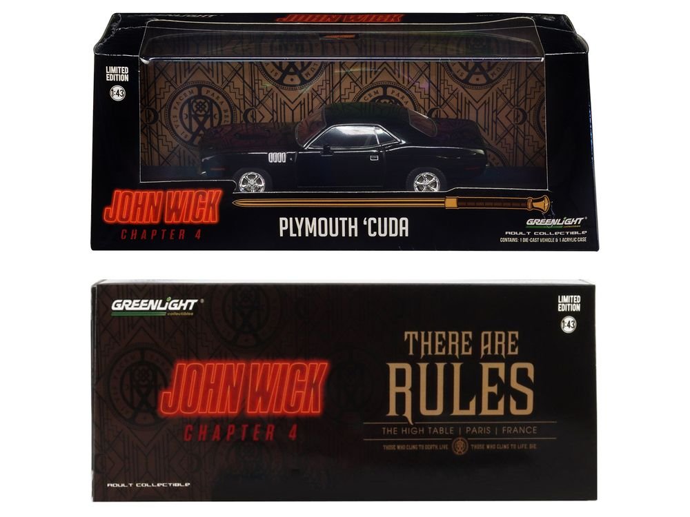 1971 Plymouth Barracuda Black "John Wick: Chapter 4" (2023) Movie "Hollywood" Series 1/43 Diecast Model Car by Greenlight view 3