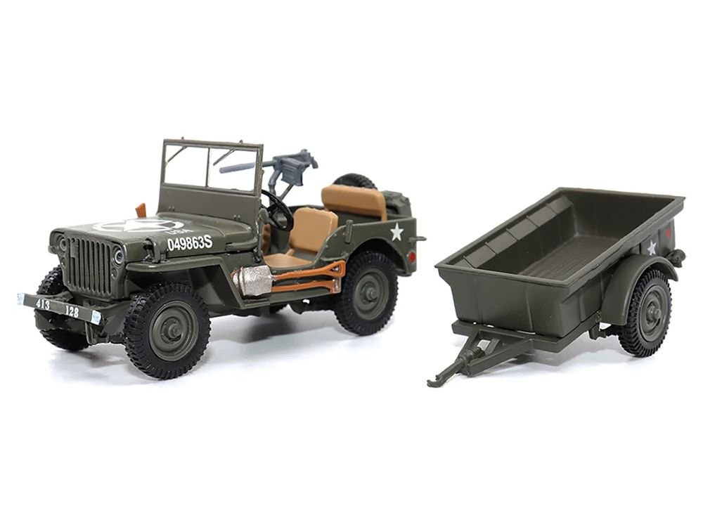 Willys Jeep 1/4-Ton Utility Truck Olive Drab with Trailer "United States Army" 1/43 Diecast Model by Militaria Die Cast view 2