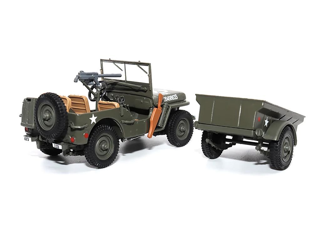 Willys Jeep 1/4-Ton Utility Truck Olive Drab with Trailer "United States Army" 1/43 Diecast Model by Militaria Die Cast view 3