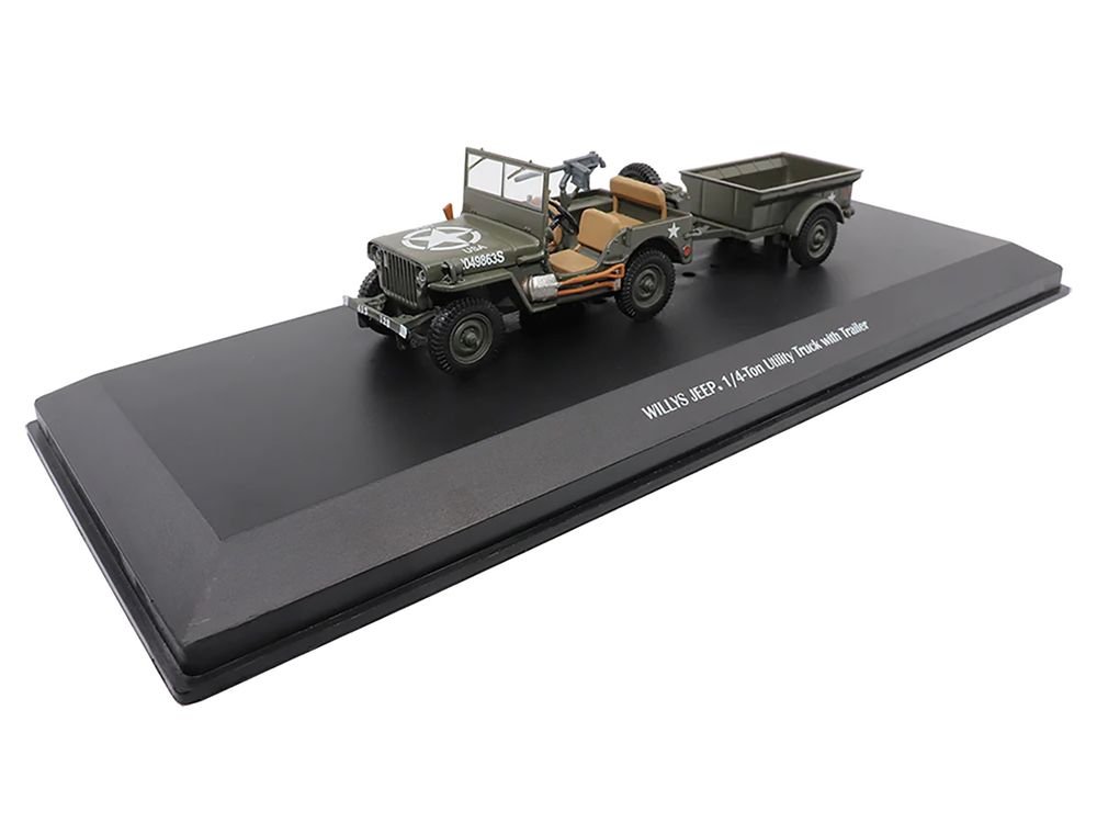 Willys Jeep 1/4-Ton Utility Truck Olive Drab with Trailer "United States Army" 1/43 Diecast Model by Militaria Die Cast view 4