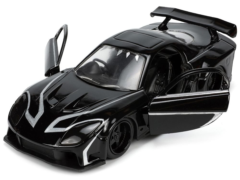 1995 Mazda RX-7 RHD (Right Hand Drive) Black and Black Panther Diecast Figure "The Avengers" "Hollywood Rides" Series 1/32 Diecast Model Car by Jada view 2