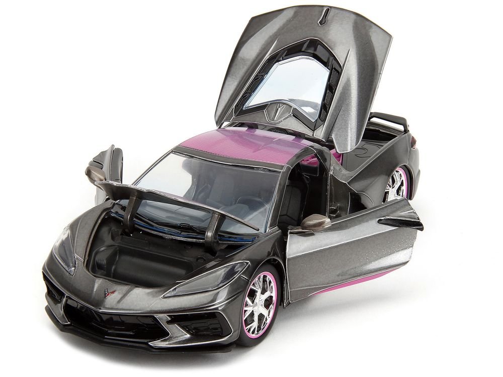 2020 Chevrolet Corvette Stingray Gray Metallic with Pink Carbon Hood and Top "Pink Slips" Series 1/24 Diecast Model Car by Jada view 2