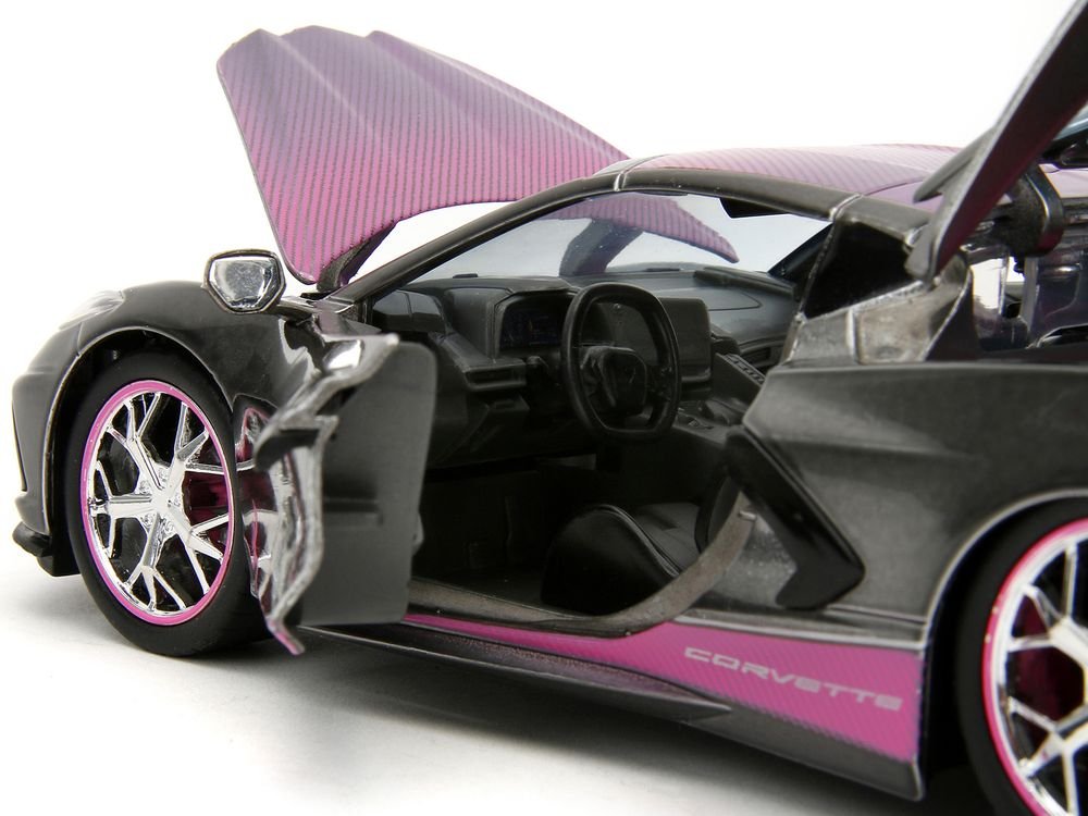 2020 Chevrolet Corvette Stingray Gray Metallic with Pink Carbon Hood and Top "Pink Slips" Series 1/24 Diecast Model Car by Jada view 3