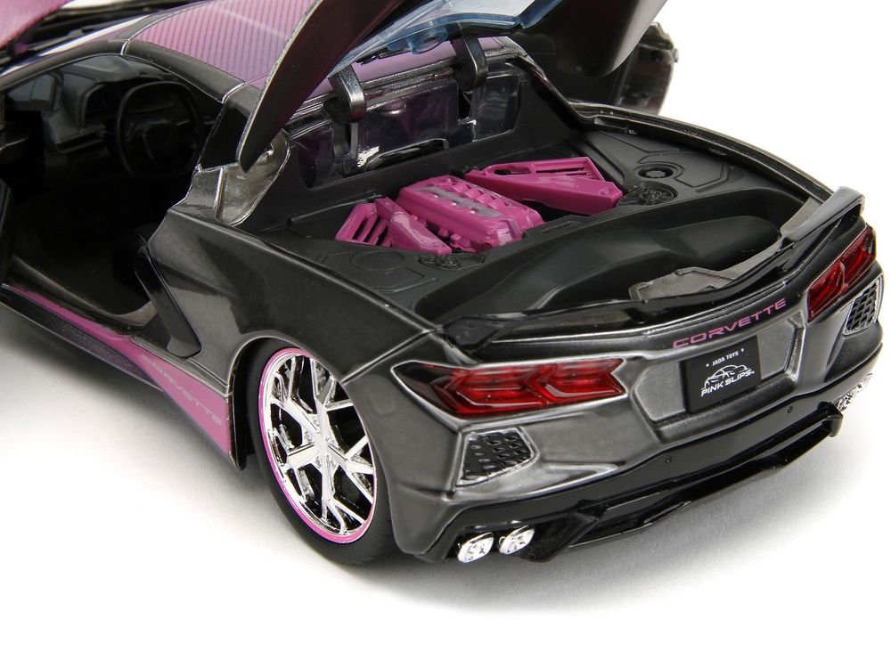 2020 Chevrolet Corvette Stingray Gray Metallic with Pink Carbon Hood and Top "Pink Slips" Series 1/24 Diecast Model Car by Jada view 4