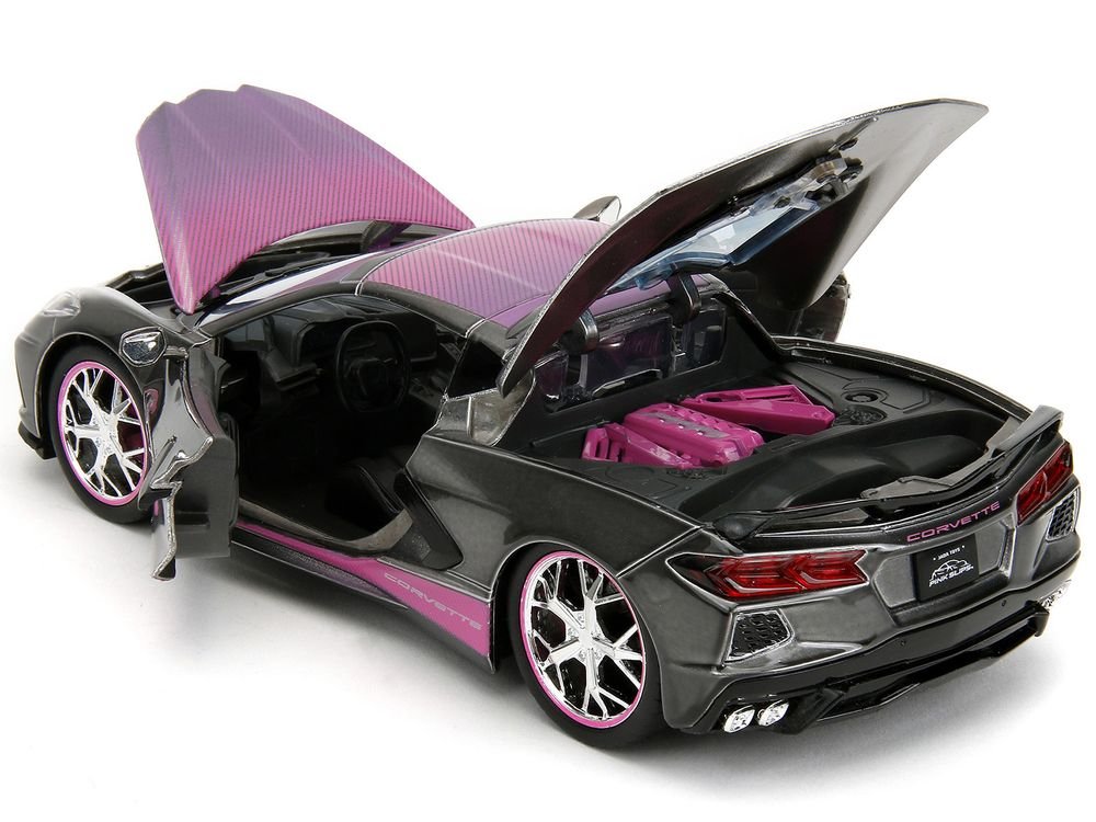 2020 Chevrolet Corvette Stingray Gray Metallic with Pink Carbon Hood and Top "Pink Slips" Series 1/24 Diecast Model Car by Jada view 5