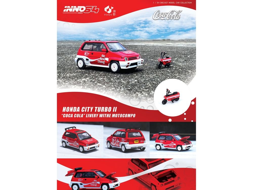 Honda City Turbo II RHD (Right Hand Drive) Red and White "Coca-Cola" with Honda Motocompo Scooter 1/64 Diecast Model Car by Inno Models view 2