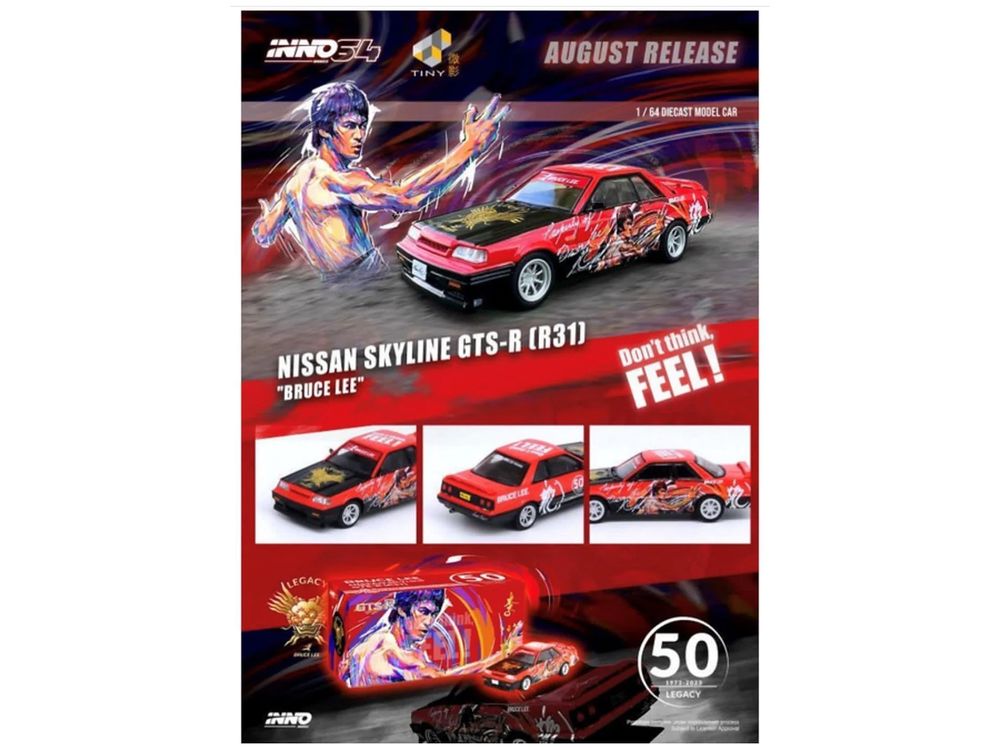Nissan Skyline GTS-R (R31) RHD (Right Hand Drive) Red with Black Hood "Bruce Lee Legacy 50 Year Anniversary" 1/64 Diecast Model Car by Inno Models view 3