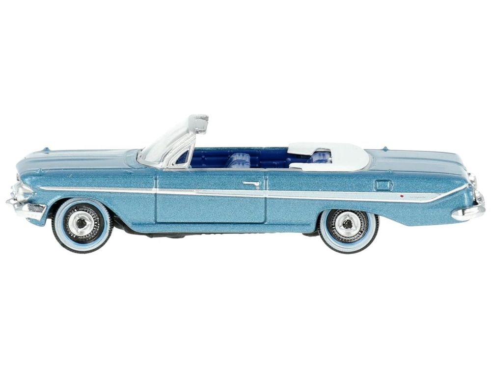 1961 Chevrolet Impala Convertible Jewel Blue Metallic and White with Blue Interior 1/87 (HO) Scale Diecast Model Car by Oxford Diecast view 2