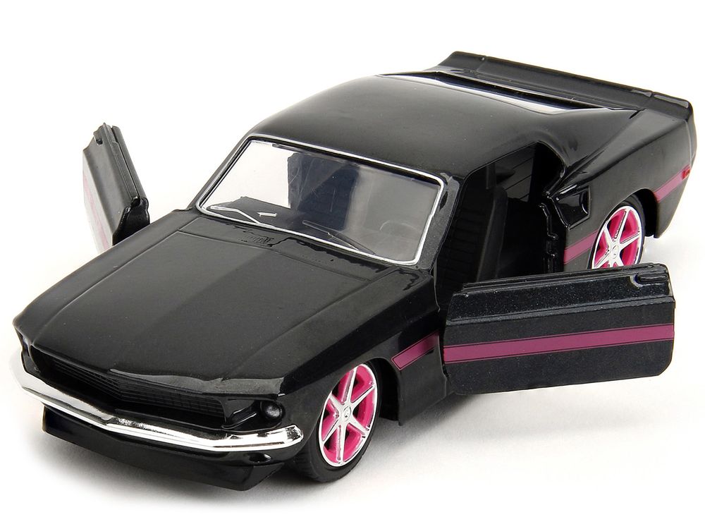 1969 Ford Mustang Black Metallic with Pink Stripes and Wheels "Pink Slips" Series 1/32 Diecast Model Car by Jada view 2