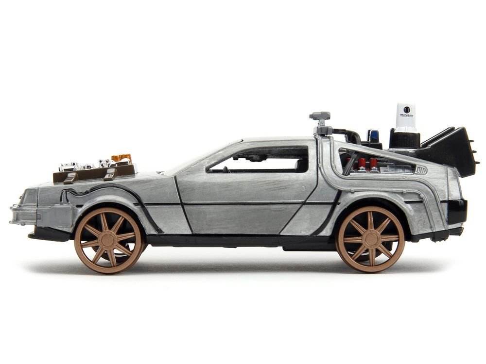 DeLorean DMC (Time Machine) Brushed Metal Train Wheel Version "Back to the Future Part III" (1990) Movie "Hollywood Rides" Series 1/32 Diecast Model Car by Jada view 2
