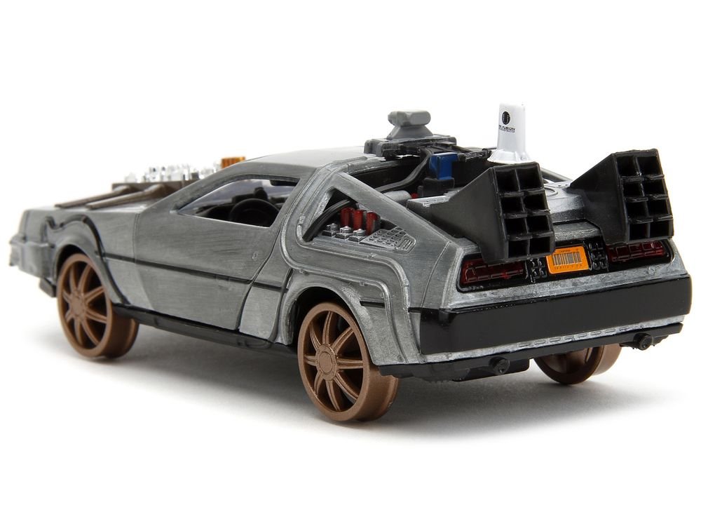 DeLorean DMC (Time Machine) Brushed Metal Train Wheel Version "Back to the Future Part III" (1990) Movie "Hollywood Rides" Series 1/32 Diecast Model Car by Jada view 4