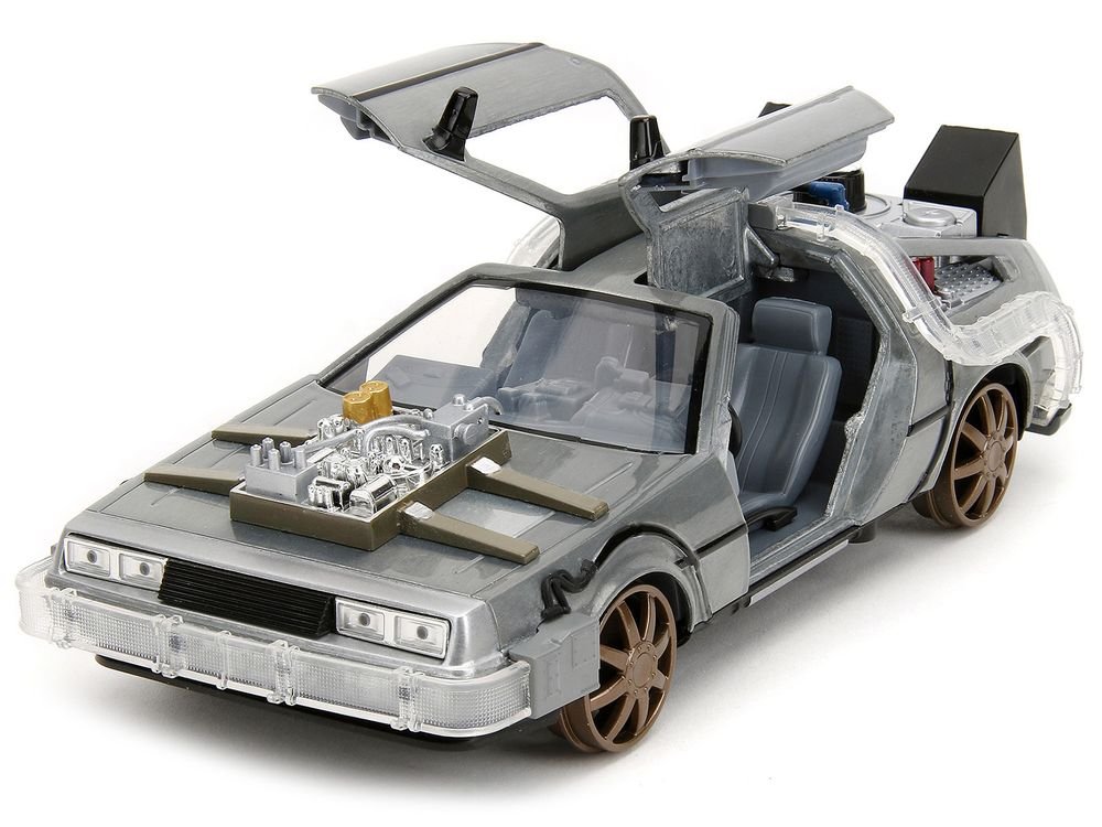 DeLorean Brushed Metal Time Machine (Train Wheel Version) with Lights "Back to the Future Part III" (1990) Movie "Hollywood Rides" Series 1/24 Diecast Model Car by Jada view 2