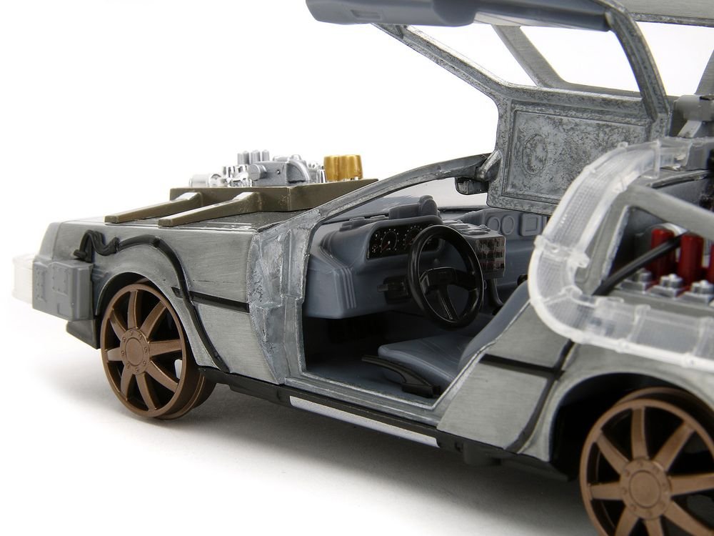 DeLorean Brushed Metal Time Machine (Train Wheel Version) with Lights "Back to the Future Part III" (1990) Movie "Hollywood Rides" Series 1/24 Diecast Model Car by Jada view 3