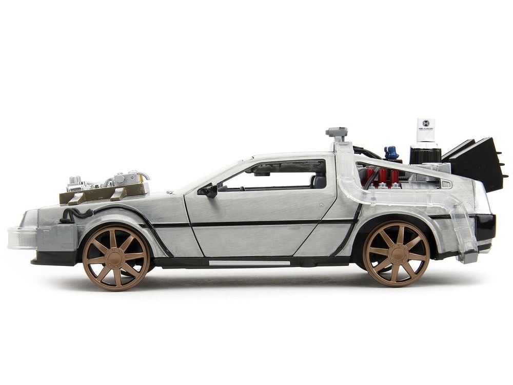 DeLorean Brushed Metal Time Machine (Train Wheel Version) with Lights "Back to the Future Part III" (1990) Movie "Hollywood Rides" Series 1/24 Diecast Model Car by Jada view 4