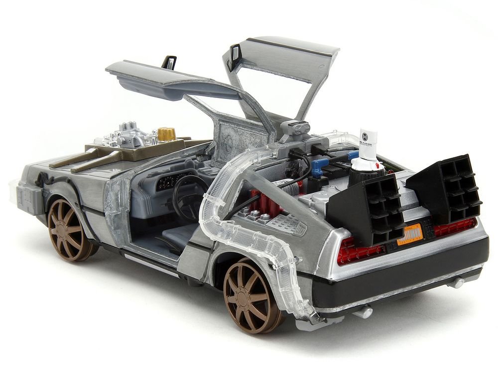DeLorean Brushed Metal Time Machine (Train Wheel Version) with Lights "Back to the Future Part III" (1990) Movie "Hollywood Rides" Series 1/24 Diecast Model Car by Jada view 5