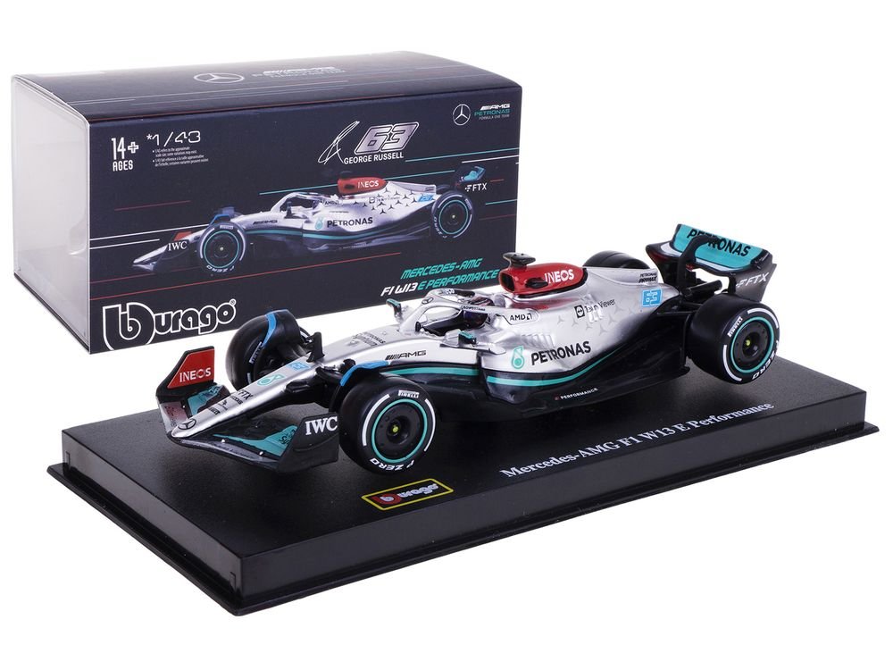Mercedes-AMG F1 W13 E Performance #63 George Russell "F1 Formula One World Championship" (2022) with Display Case 1/43 Diecast Model Car by Bburago view 5